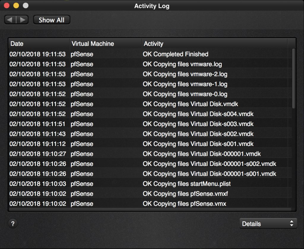 Vimalin - Activity log detailed mode