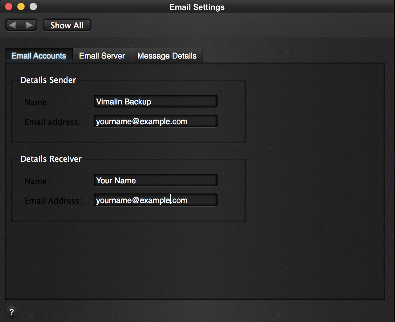 Vimalin Email Settings - Email Accounts 