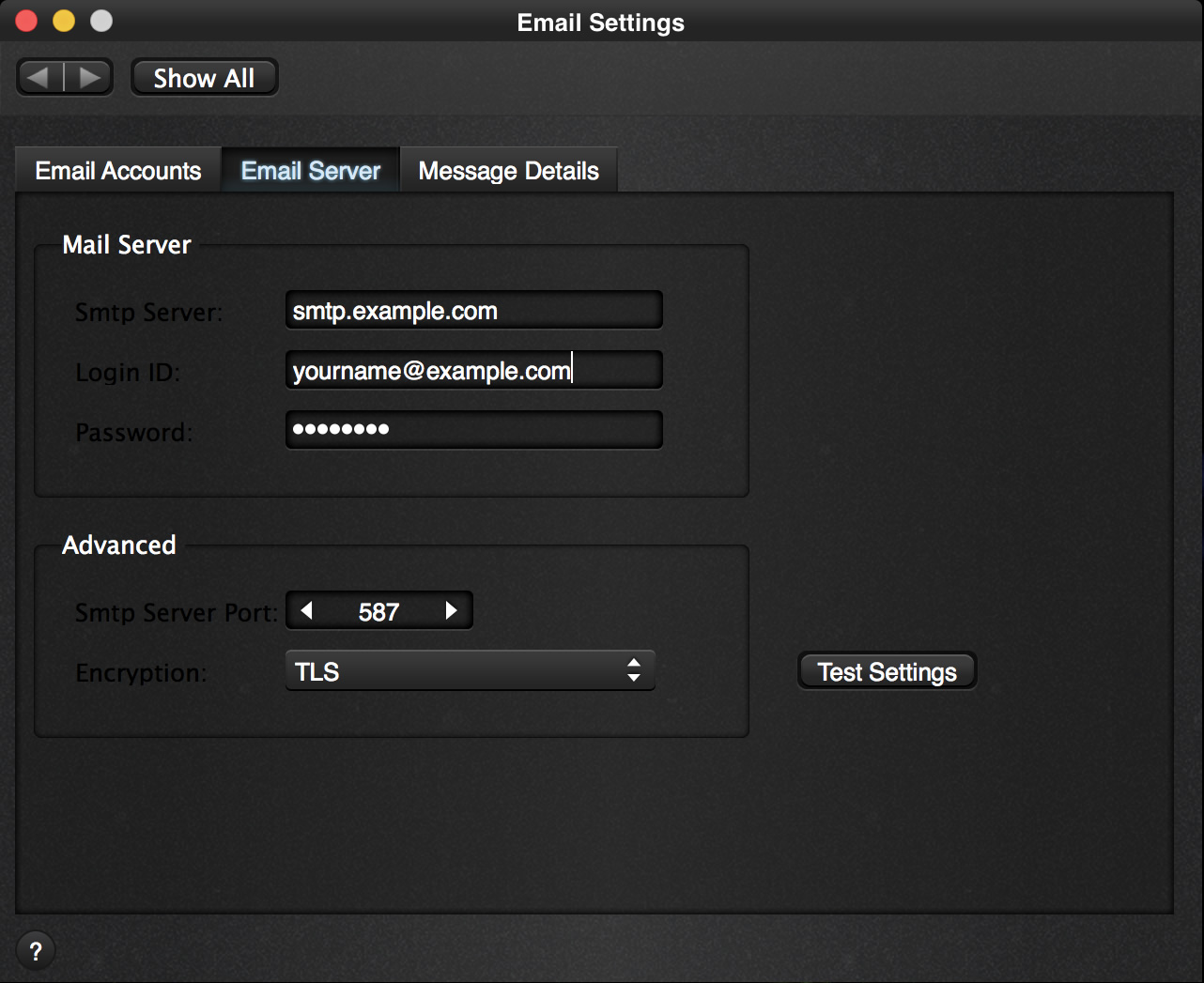 Email Settings - Email Server configuration