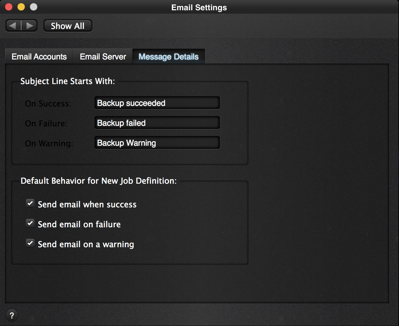 Email Settings - Message Details