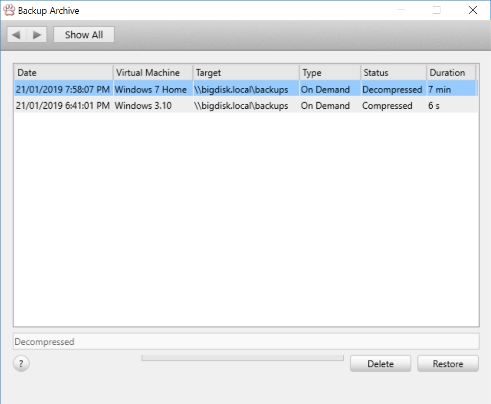 Vimalin Backup archive - select a VM