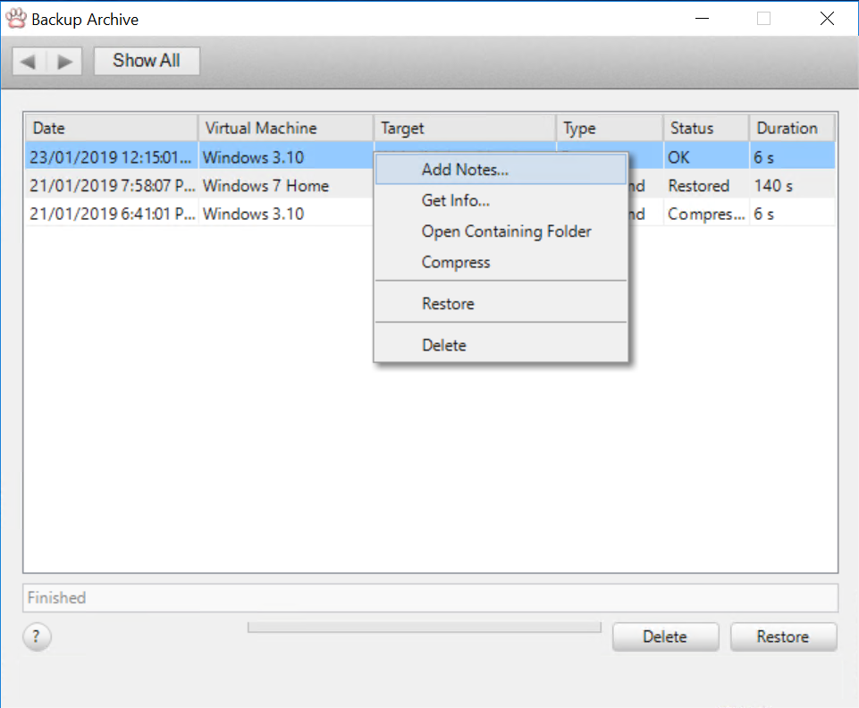 Backup Archive with context menu