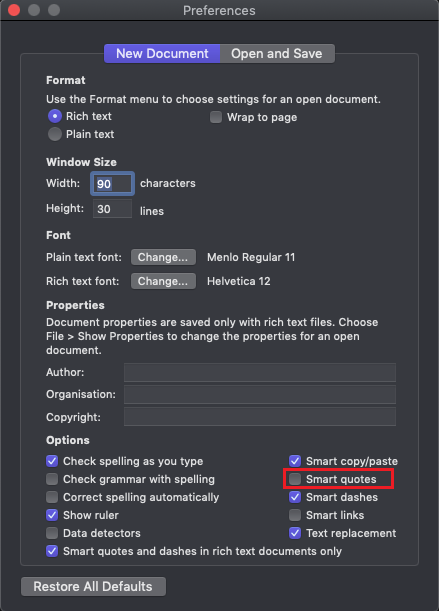 Smart quotes disabled in TextEdit