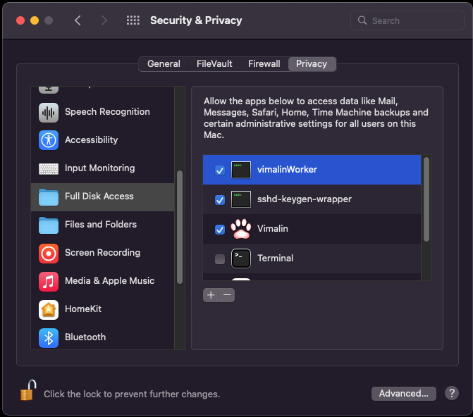 Full Disk Access with Vimalin and VimalinWorker both selected